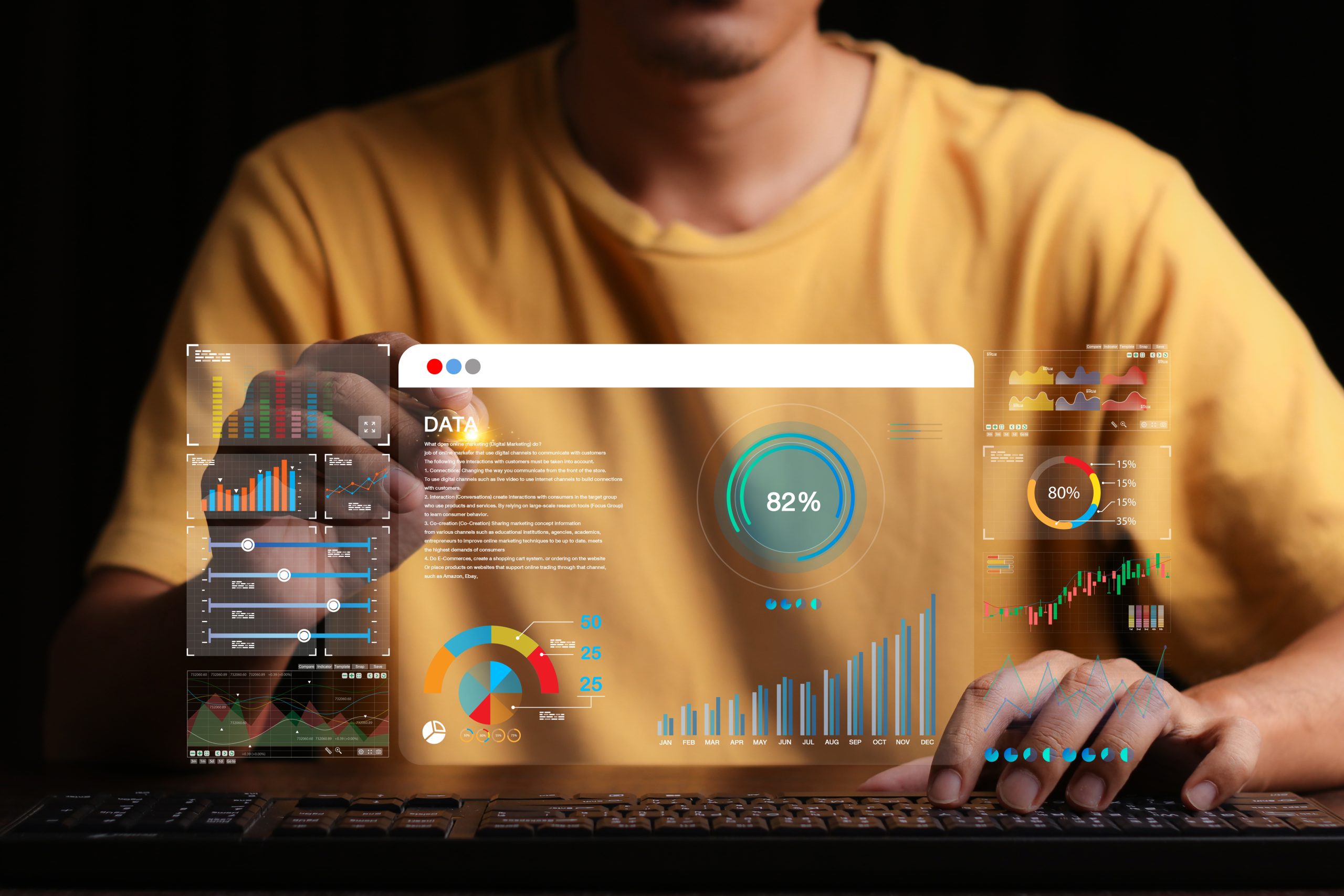 Data analyst working on business analytics dashboard with charts, with KPI and metrics connected to the database for technology finance, operations, sales, marketing