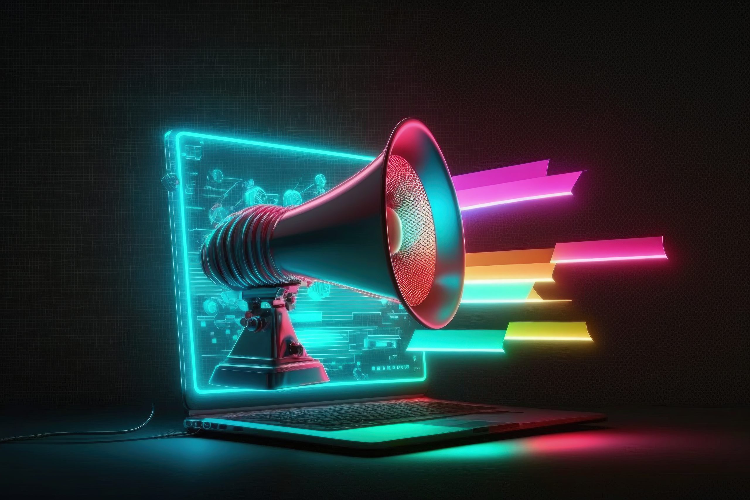 laptop-with-megaphone-background-with-colorful-neon-lights-sales-marketing-generative-ai