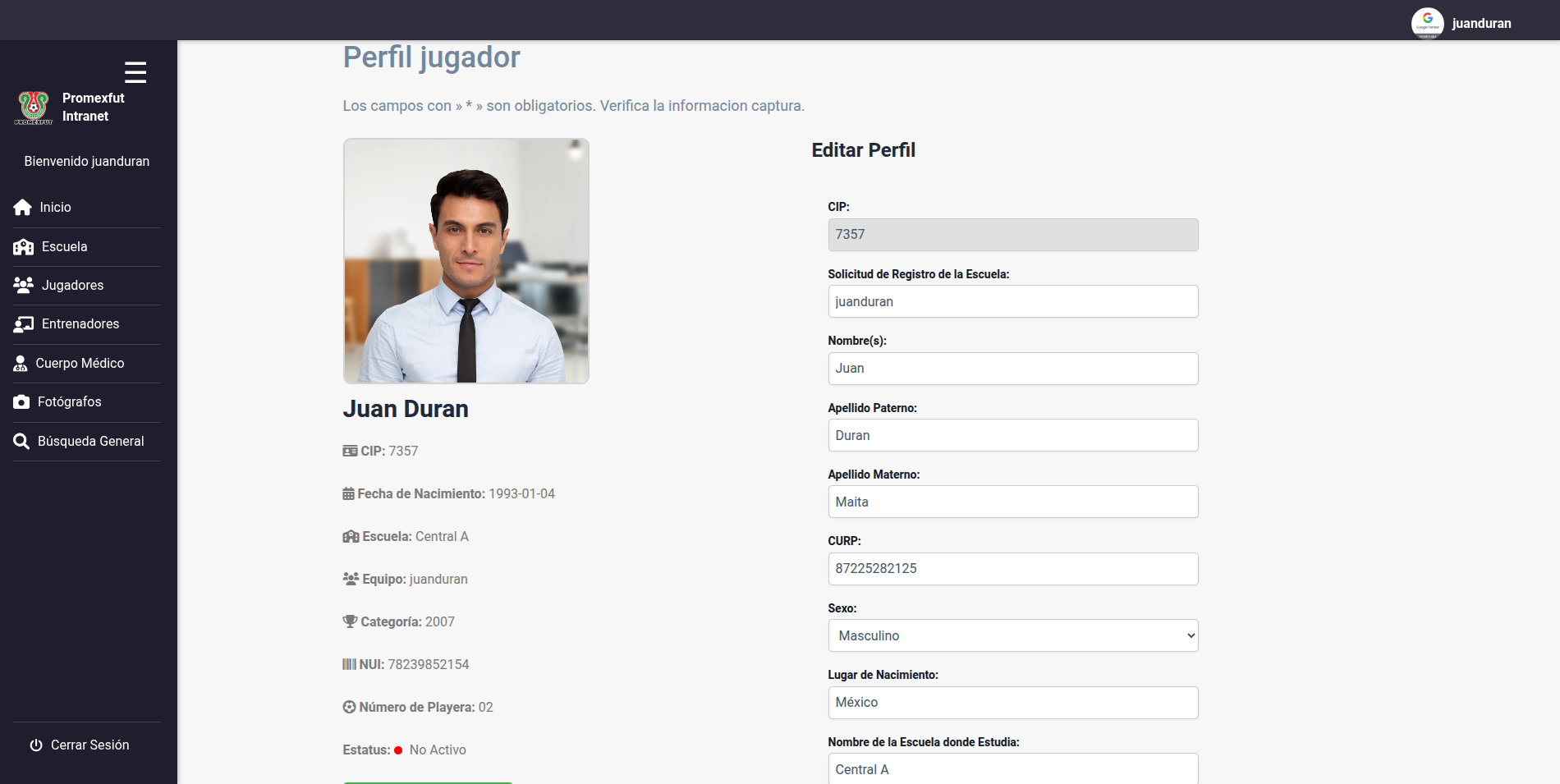 Intranet — perfil del jugador