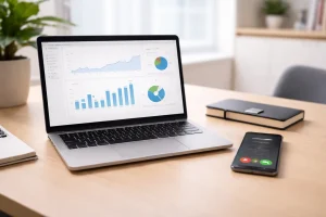 Analytics dashboard and incoming call symbolizing predictable intake from SEO.