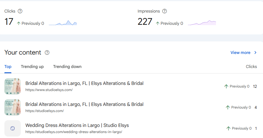 Studio Elsys Google Search Console page performance