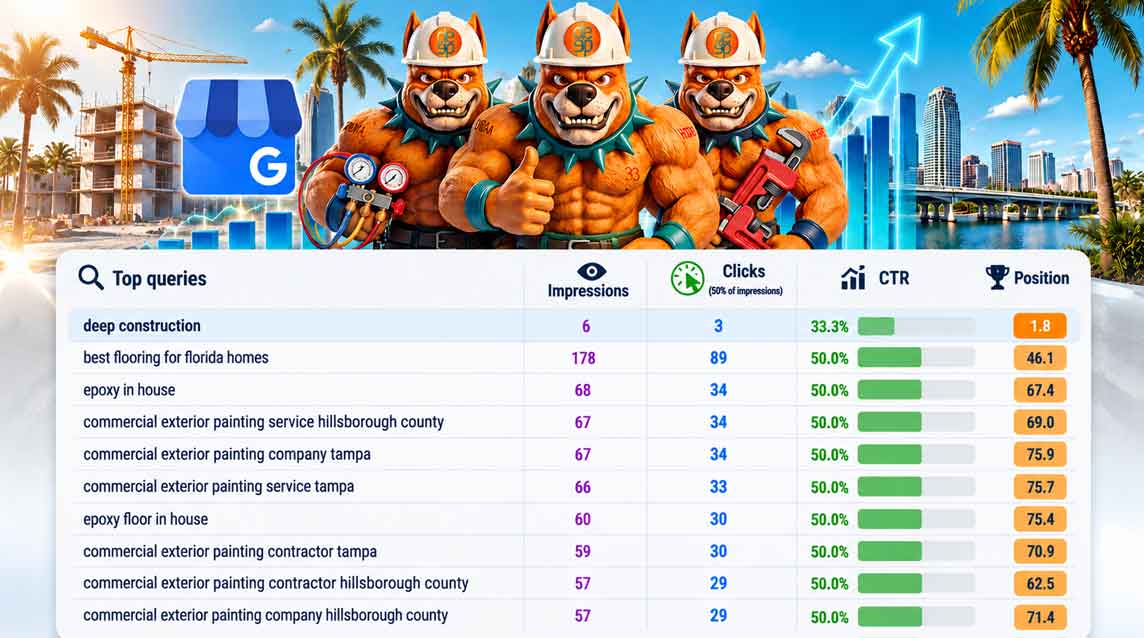 Local SEO and Google search reporting example for plumbing and home service companies